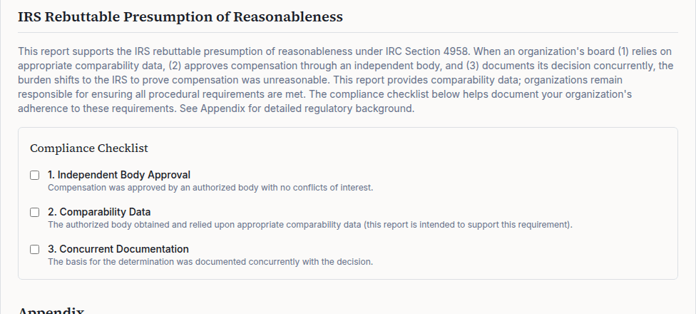 Rebuttable Presumption Checklist section of the Board Confidence Report
