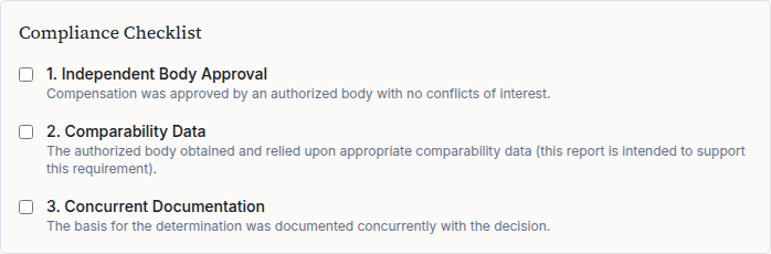 IRS Compliance Checklist section of the Board Confidence Report